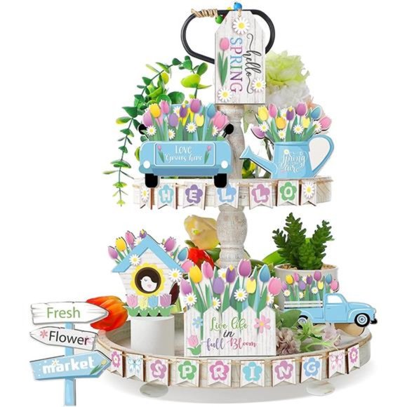 Hello Spring Tiered Tray Decor Tulips Table Wooden Sign (Tulip Style)